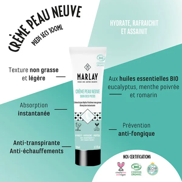 Crème Pieds Peau Neuve 100 ml – Hydrate et Rafraichit – Certifiée Bio Crème de jour texture légère et non grasse - absorption instantanée